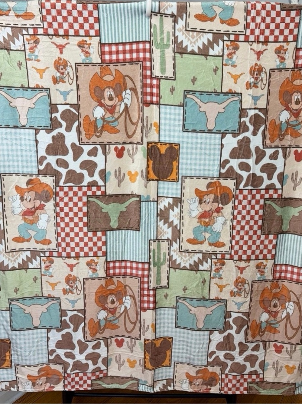 Micky mouse Cowboy Patchwork Throw Blanket in Blue, Brown & Cream